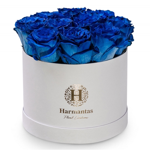 Μπλε τριαντάφυλλα σε λευκό κουτί